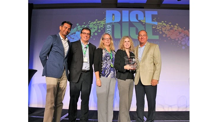 FMC’s Jill Holihan, second from right, was honored at the RISE meeting in Arizona for her industry leadership and advocacy. Also pictured are FMC’s Abizar ‘Zack’ Zaki, Bayer Environmental Sciences’ Gilles Galliou, Clarke’s Karen Larson and Central Garden & Pet’s Darren Horst. 