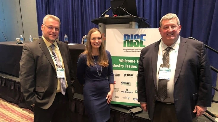  Jon Lobenstine, director of agronomy at Montgomery County Golf in Maryland, Megan Provost, President of RISE, and Peter McDonough, golf course superintendent at Keswick Hall & Golf Club in Virginia.