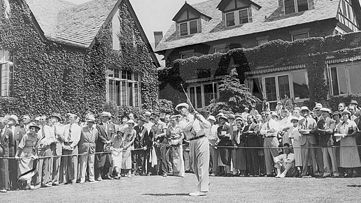 Tony Manero tees off at the 1936 U.S. Open Championship at Baltusrol Golf Club in Springfield, N.J. The vintage gelatin silver print is from the Howard Schickler Collection, recently acquired by the USGA.