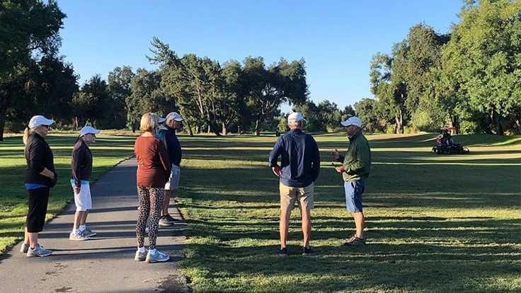 Superintendent Kurtis Wolford (right) leads regular member walks at Woodbridge Golf and Country Club in Woodbridge, California.