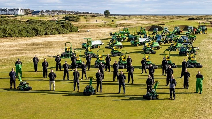 Carnoustie Golf Links, Rain Bird, John Deere and dealer Double A staff with some of the new machinery fleet on the 14th fairway of The Championship Course.