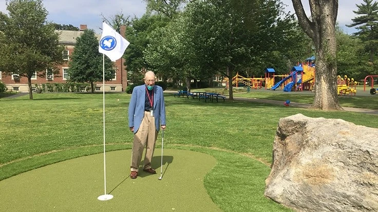 Norman Kritz, 92, designs and builds golf courses for blind students. His course for the New York Institute for Special Needs recently opened for play.