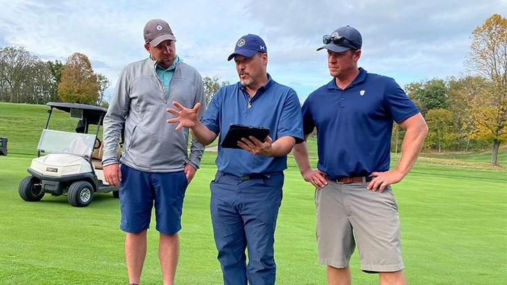 Sewickley Heights Golf Club assistant superintendent Corey Cheza, left, golf course architect Jim Cervone, center, and superintendent Randall Pinckney discuss the course during a recent project.