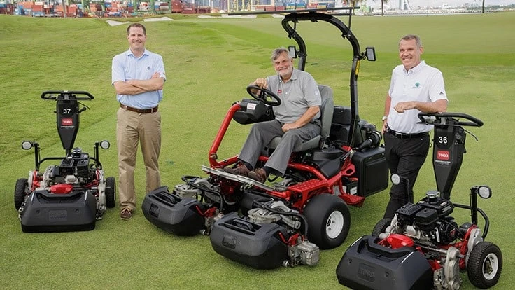 From left to right: Pete Moeller, vice president of Toro international business, Richard Walne, managing director of Toro Australia & APAC, and Andrew Johnston, general manager and director of agronomy Sentosa Golf Club. 
