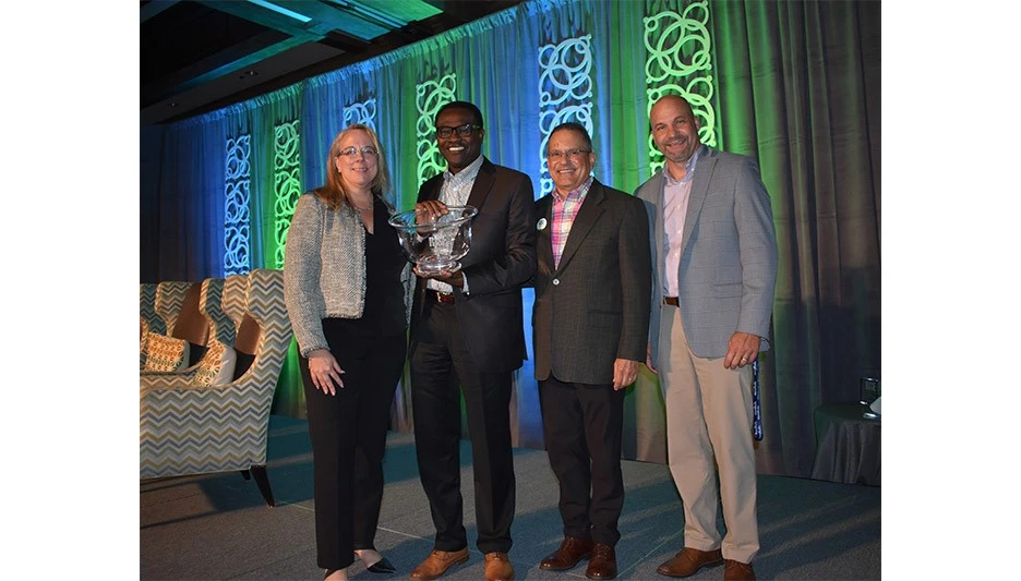 Wendell Codner of FMC is recipient of the 2022 E. Allen James Leadership Award. Pictured with Codner are RISE governing board chair Karen Larson of Clarke, board vice chair Jose Milan of Bayer and board treasurer Blaine Pinkerton of Nufarm. 