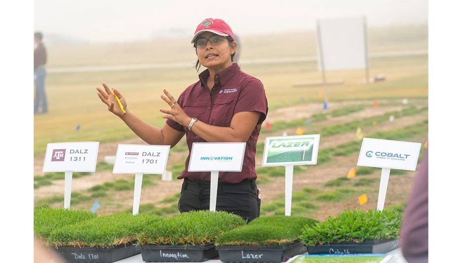 Dr. Texas A&M AgriLife Research professor and turfgrass breeding program lead in Dallas, provides an update on work being done at the urban research center during the school's annual field day.. 