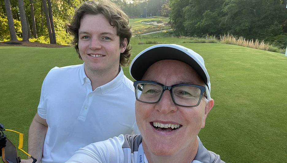 "Breaking the Turfgrass Ceiling" executive producer Dr. Sheila Schroeder and assistant Leif Soederberg at the 2022 U.S. Women's Open at Pine Needles.