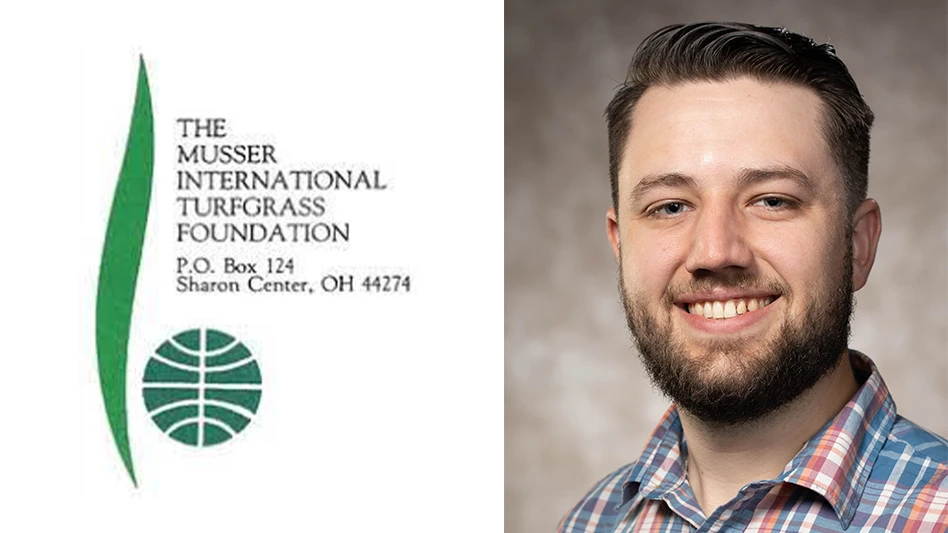 The Musser International Turfgrass Foundation logo and a headshot of Dr. Wendell Hutchens.