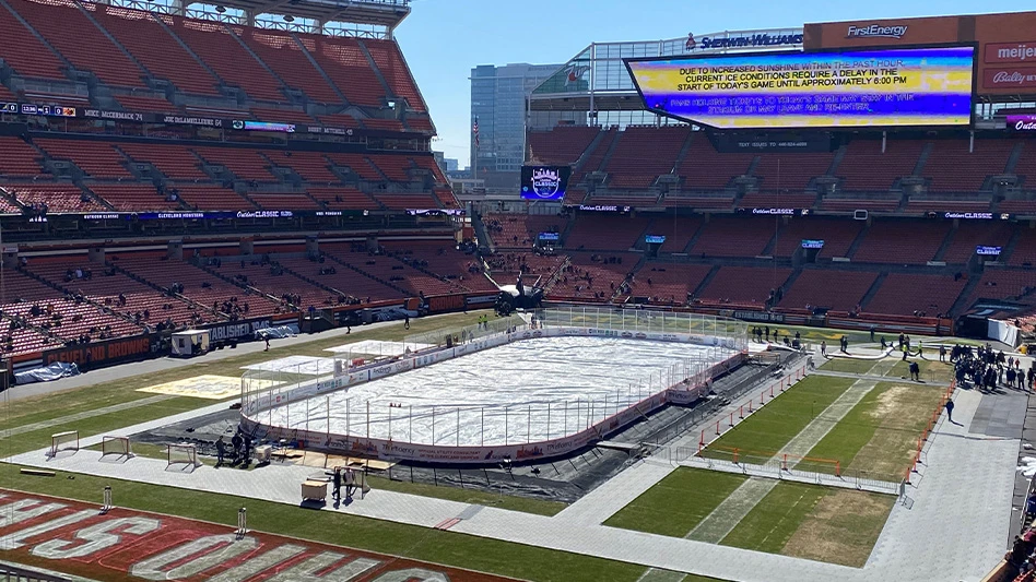 Tarps on the ice of an outdoor rink in Cleveland.