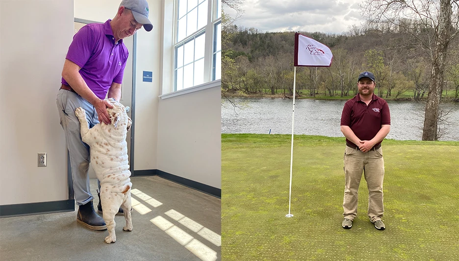 The Olde Farm superintendent Josh Pope (with Sanford) and The Dye River Course of Virginia Tech superintendent Greg Caldwell were former colleagues at The Greenbrier.