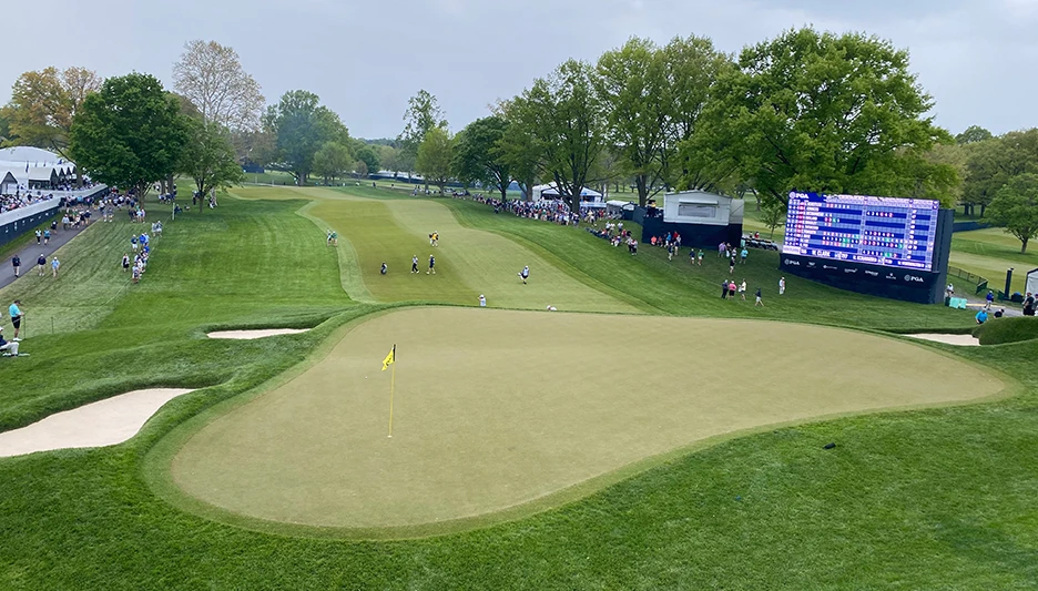 The 18th (top) and 17th (below) greens at Oak Hill Country Club provided a perfect finishing flourish for the 105th PGA Championship.