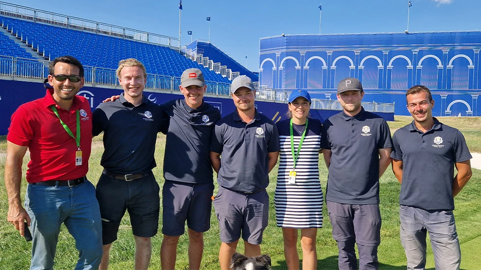 From left to right. Marco Simone director of agronomy Alejandro Reyes, Kristian Kouhia, Mathis Reboullot, Oscar Gummesson, Marco Simone superintendent Lara Arias, Ciaran Killeen, and Michele Lazzeri.