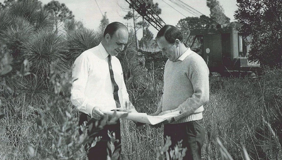 Delray Dunes Golf & Country Club founding member John Dodge with Pete Dye before construction of the Florida course in the late 1960s.