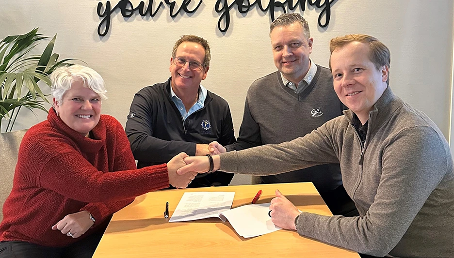 From left to right: Kari Haug, Tim Lobb, Mika Viitaharju (Pirkkala chairman) and Markus Junni (Pirkkala general manager) formalizing the design appointmeent for the future expansion of Golf Pirkkala in Finland.