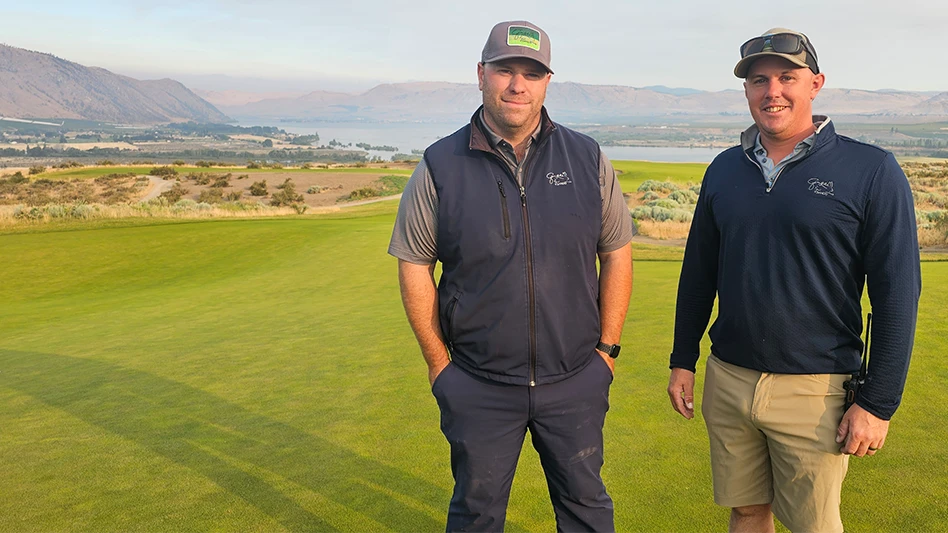 Gamble Sands director of agronomy Josh Truan, left, and Sands Course superintendent Hunter Cooper.