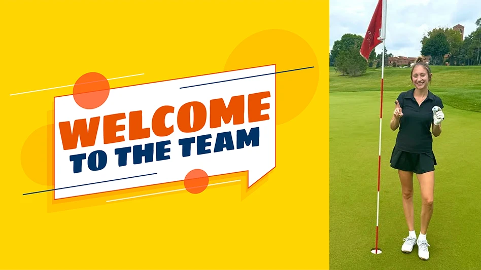 New assistant editor Kelsie Horner poses with her hole-in-one ball, next to a Welcome to the Team graphic.