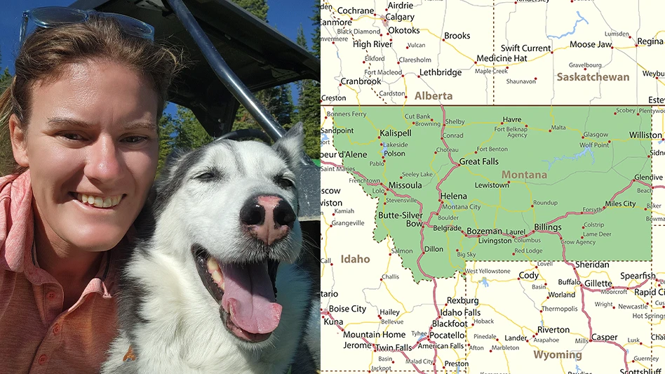 Golf course superintendent Carey Hofner with dog, next to a map of the state of Montana.