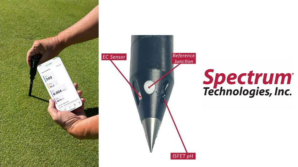Spectrum Technologies' new wireless pH and EC probe, with the company's logo.