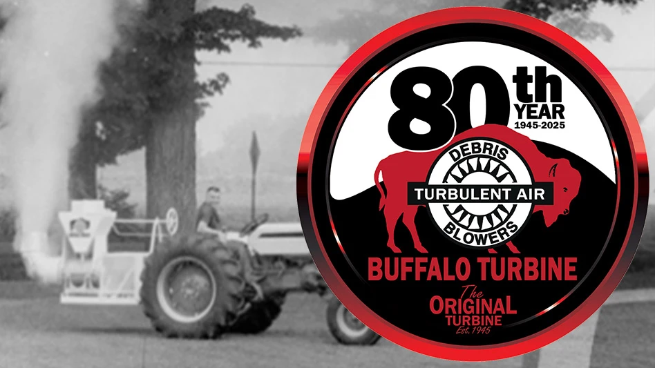 A Buffalo Turbine 80th anniversary badge on top of a b/w company photo.