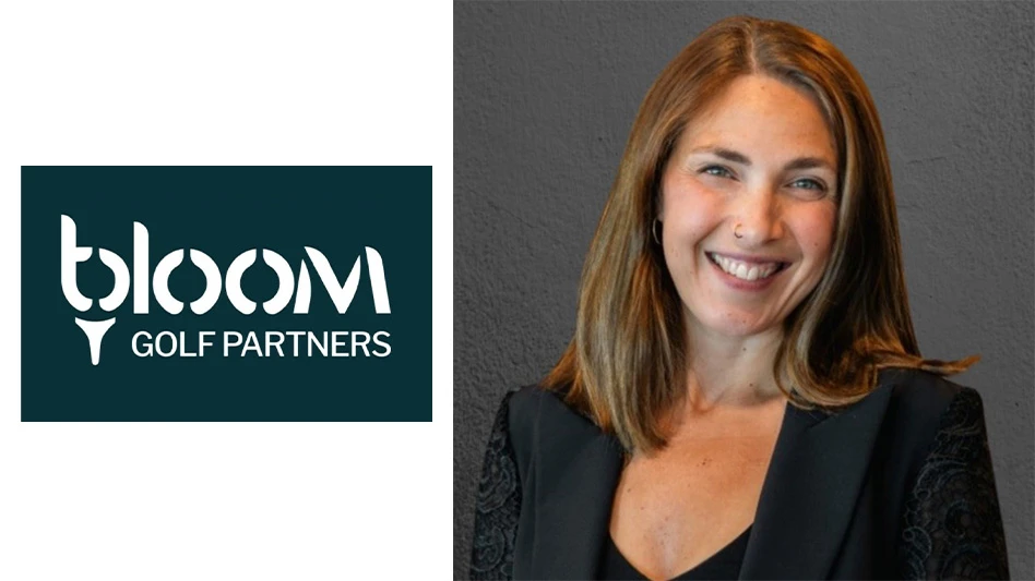 Rachel Ridgeway next to the Bloom Golf Partners logo.