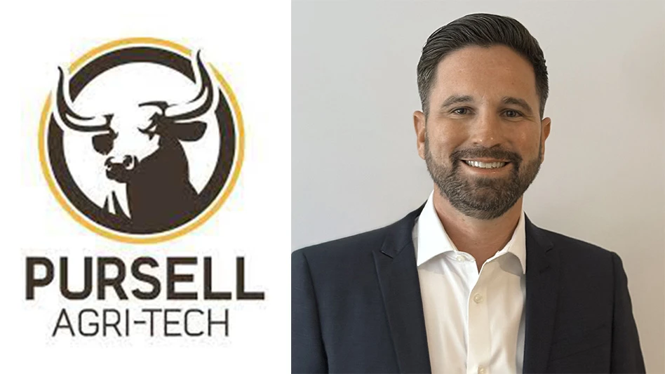 New Pursell Agri-Tech NPK sales director Richard Newman next to the company's logo