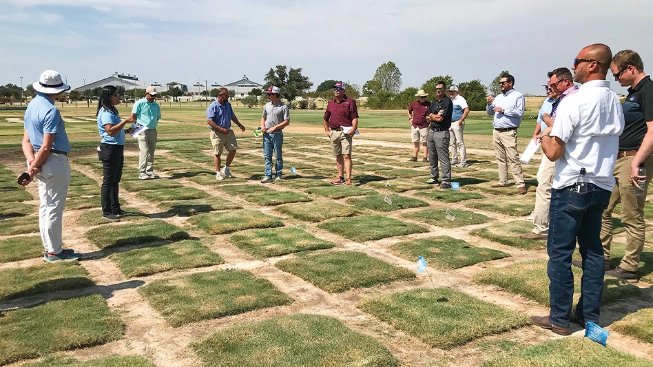 Golf industry research professionals observe turf plots.