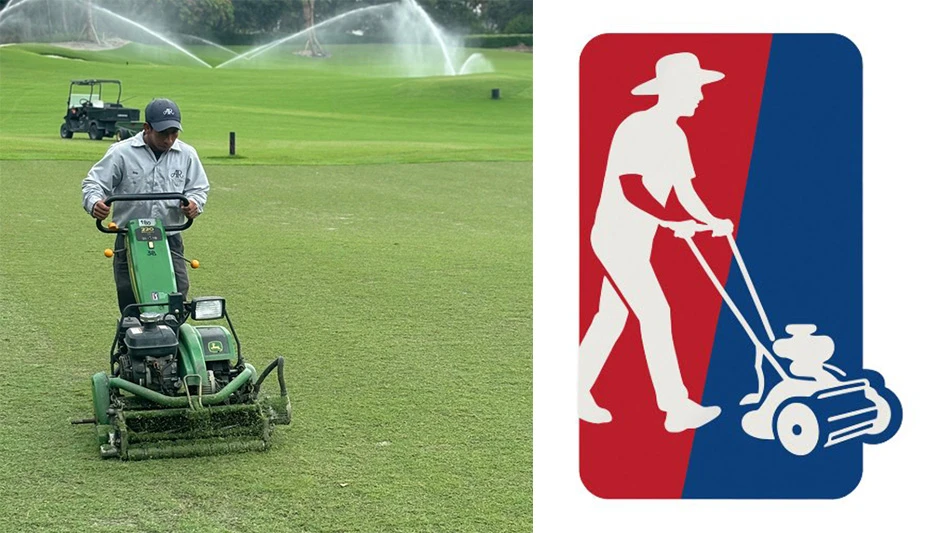 A photo of Addison Reserve Country Club maintenance team Carlos next to the logo he inspired.
