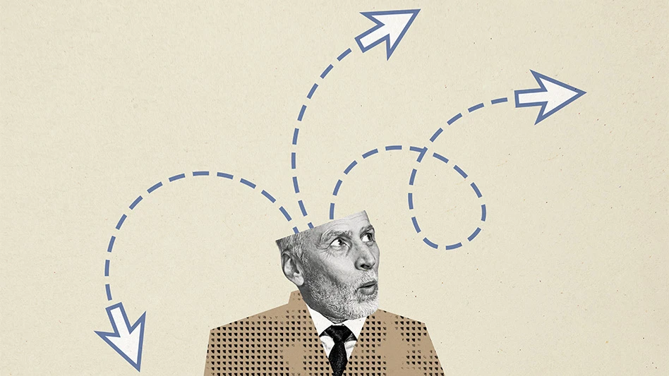 An illustration of a man with arrows swirling out of his head.