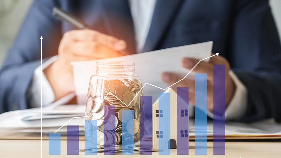 An illustration of a bar chart and a jar of coins in front of a person going over a sheet of paper.