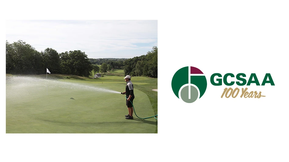 GCSAA logo and man watering a green