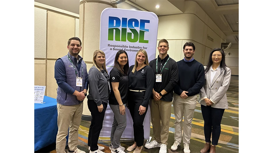 from left: Todd Bute, SiteOne Landscape Supply; Dani McFadden, PBI-Gordon Corporation; Samantha Bock, SePRO; Kaelyn Knoche, Corteva; Ethan Caldwell, Nufarm; Bret Corbett, Albaugh LLC; and Xulin Chen, Envu
